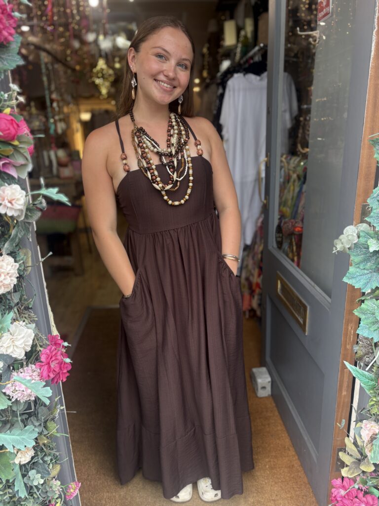 Eden dress. Maxi. Shirred back. Beaded straps. Chocolate.