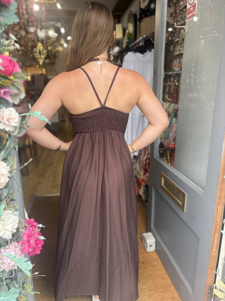 Eden dress. Maxi. Shirred back. Beaded straps. Chocolate.