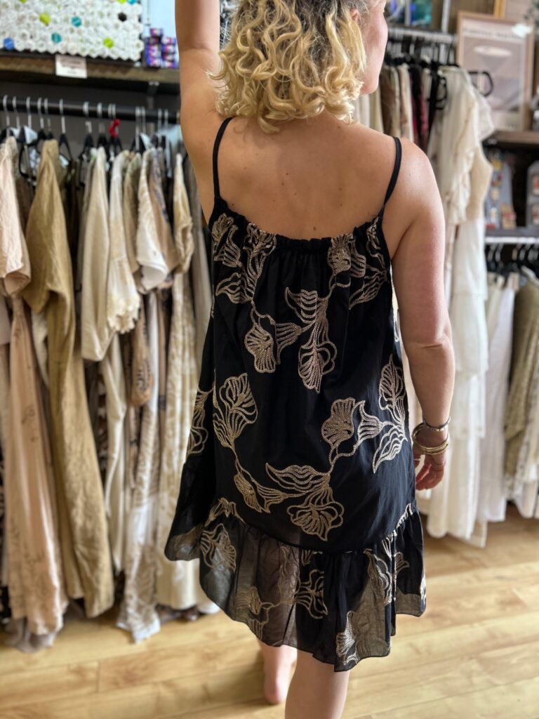 Fiona dress. Short style. Tier on skirt. Cased straps. Black