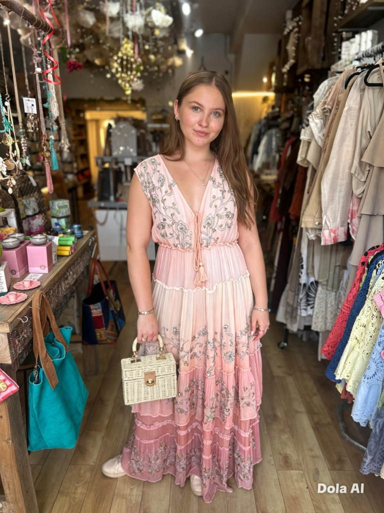 Isabella Tiered dress. Maxi. Silver and bead embroidery. Blush