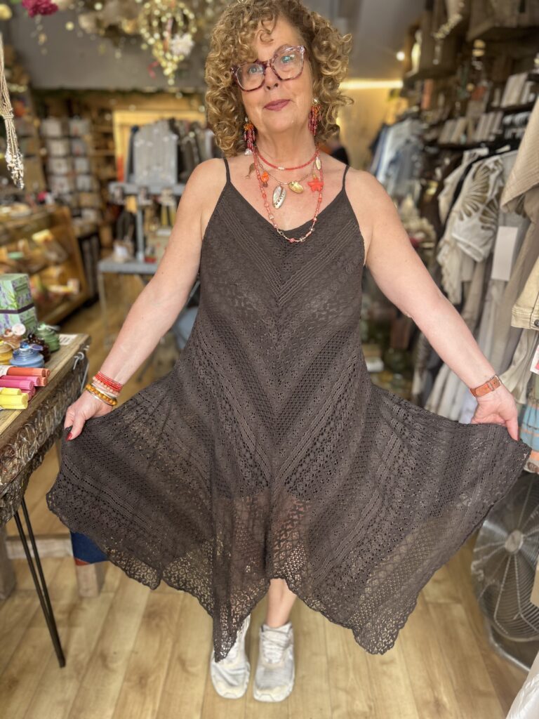 Wren dress. Thin straps. Low back. Uneven hemline. Chocolate.