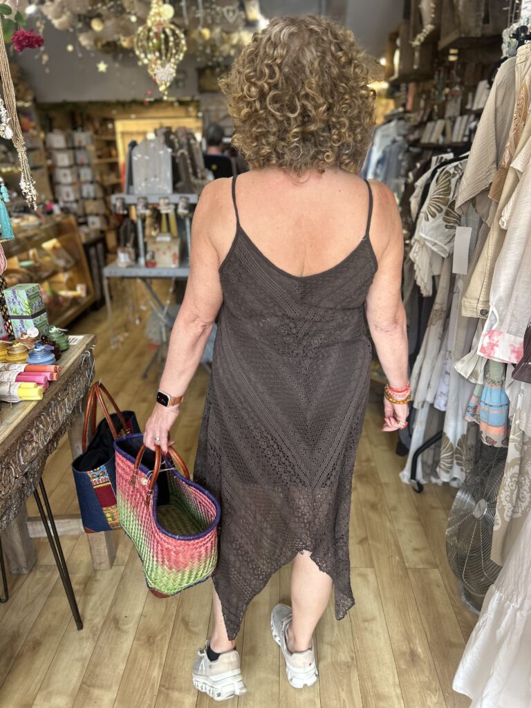 Wren dress. Thin straps. Low back. Uneven hemline. Chocolate.