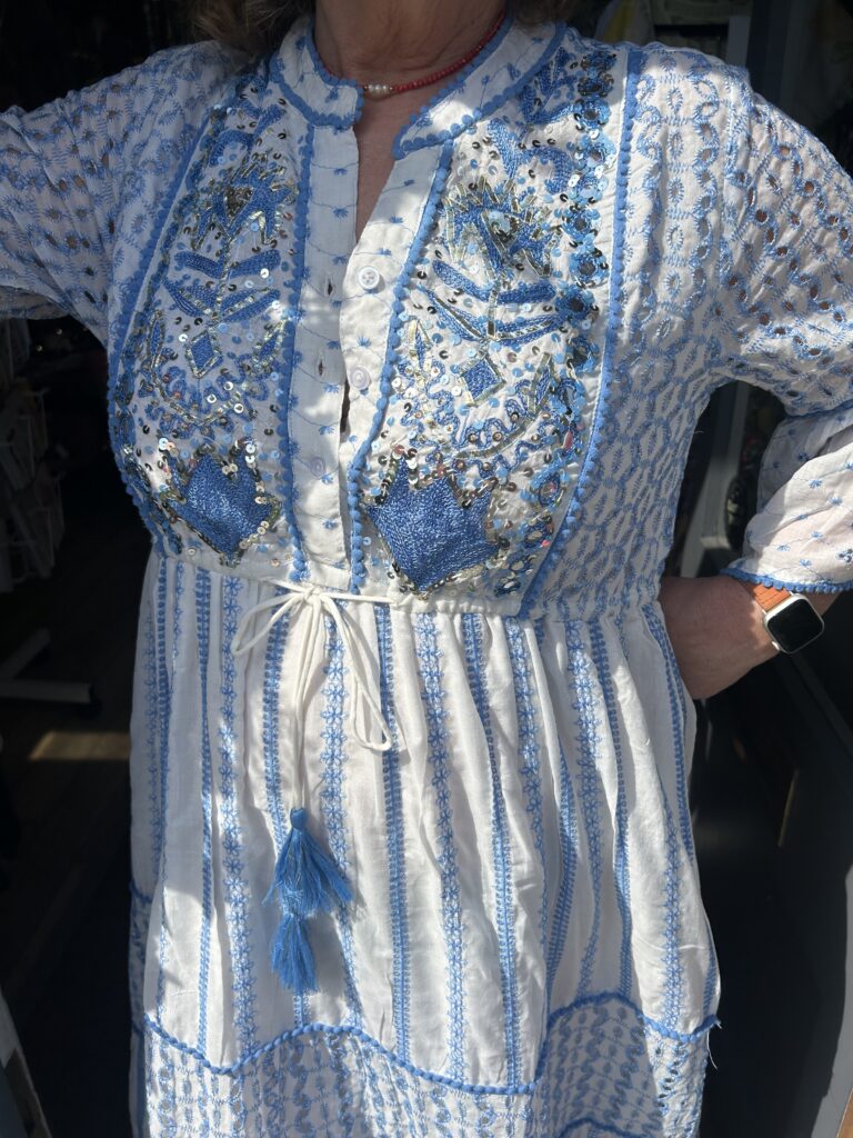 Cairo dress. Maxi length. Embroidery, sequins and beads front detail. Sky