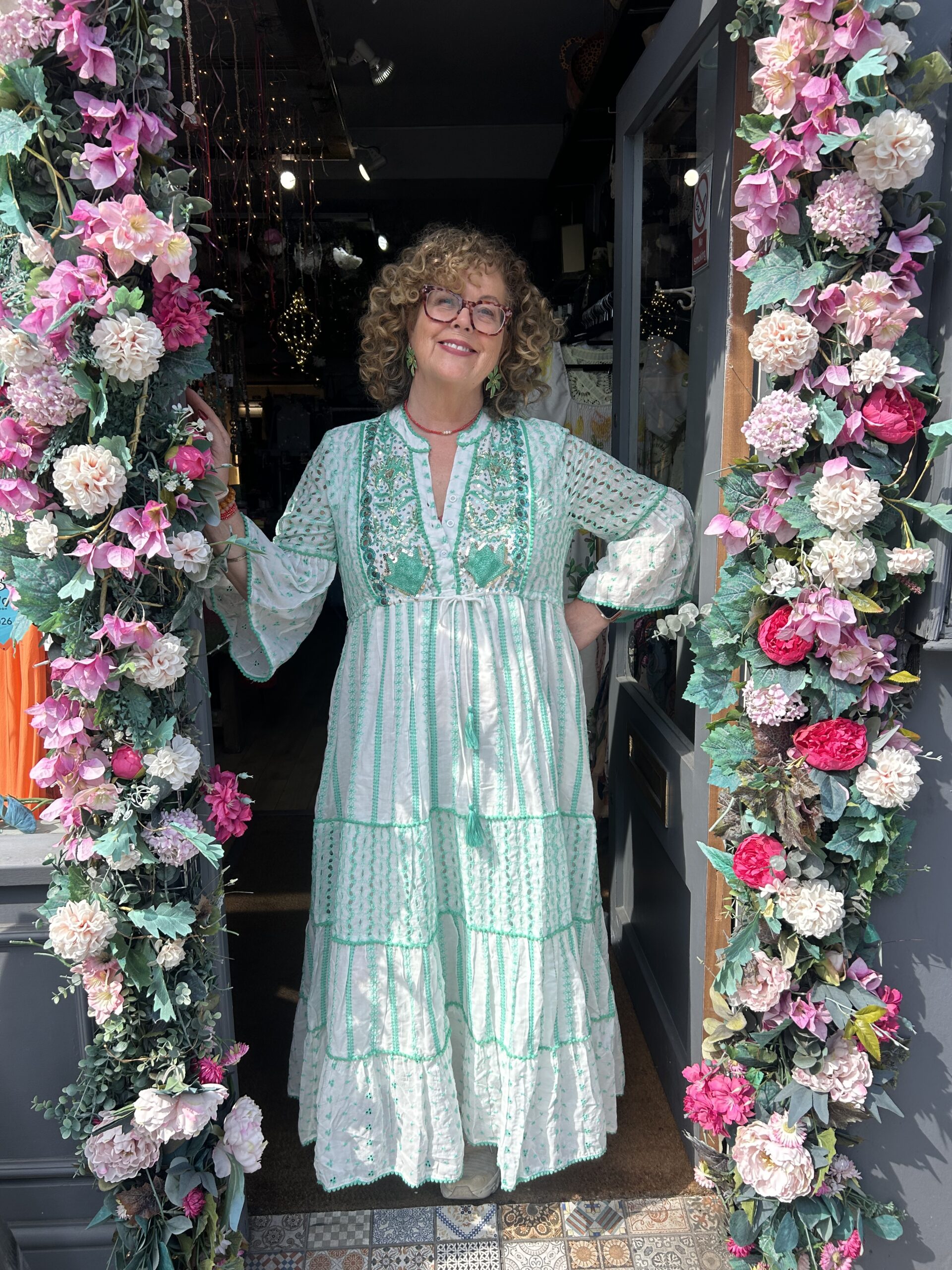 Cairo dress. Maxi length. Embroidery, sequins and beads front detail. Green