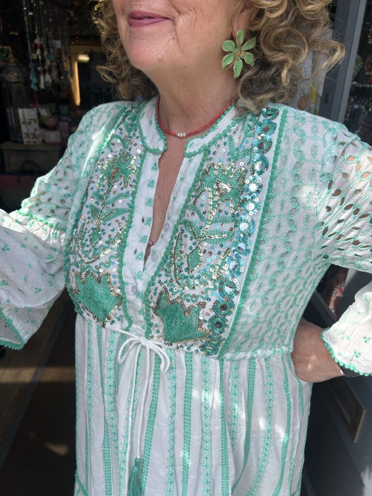 Cairo dress. Maxi length. Embroidery, sequins and beads front detail. Green