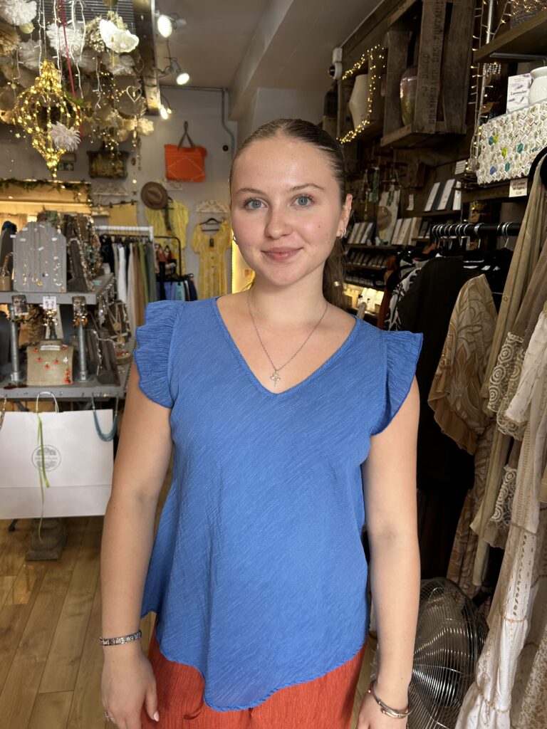 Bonnie frill top. V-neck . Crinkly fabric. Royal