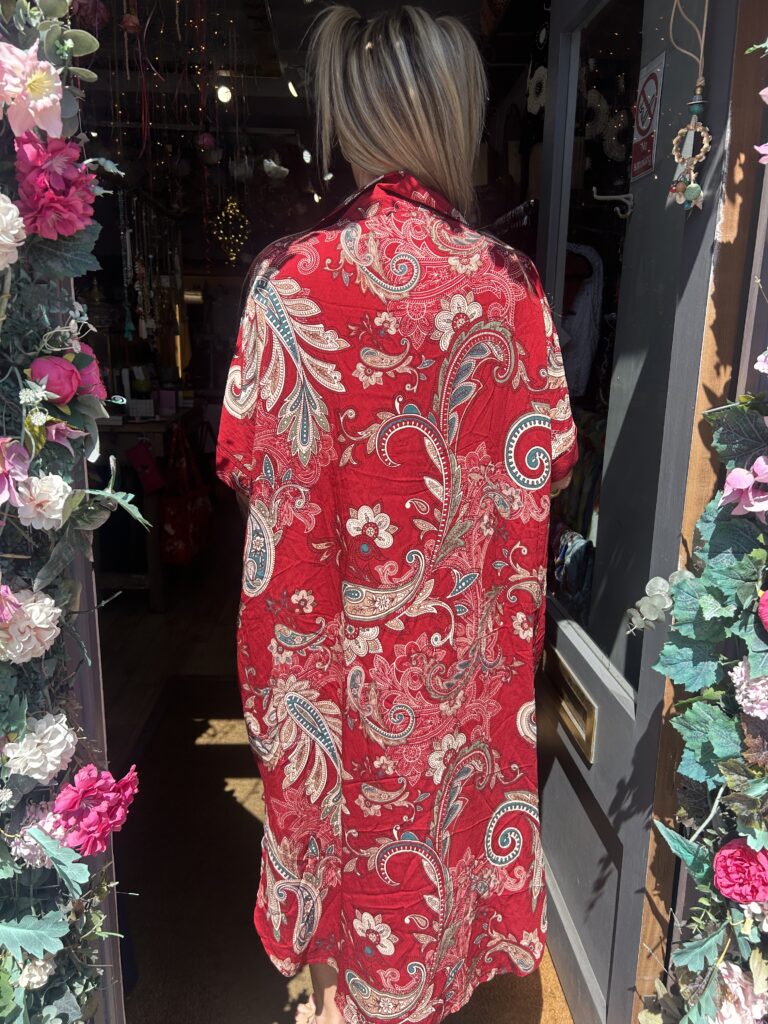 Beryl dress. Shirt collar. Centre pleat. Large pattern. Red