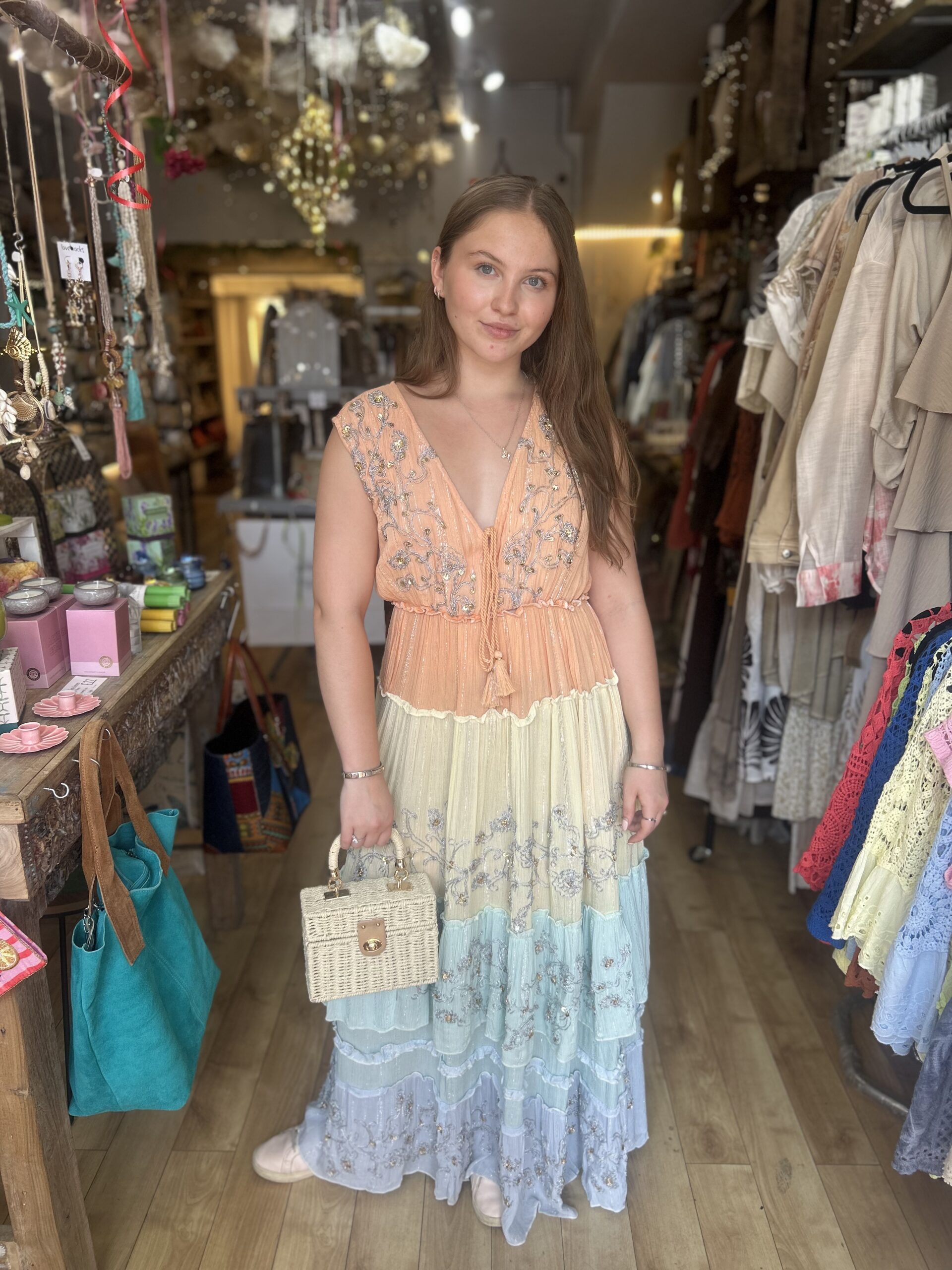 Isabella Tiered dress. Maxi. Silver and bead embroidery. Tangerine