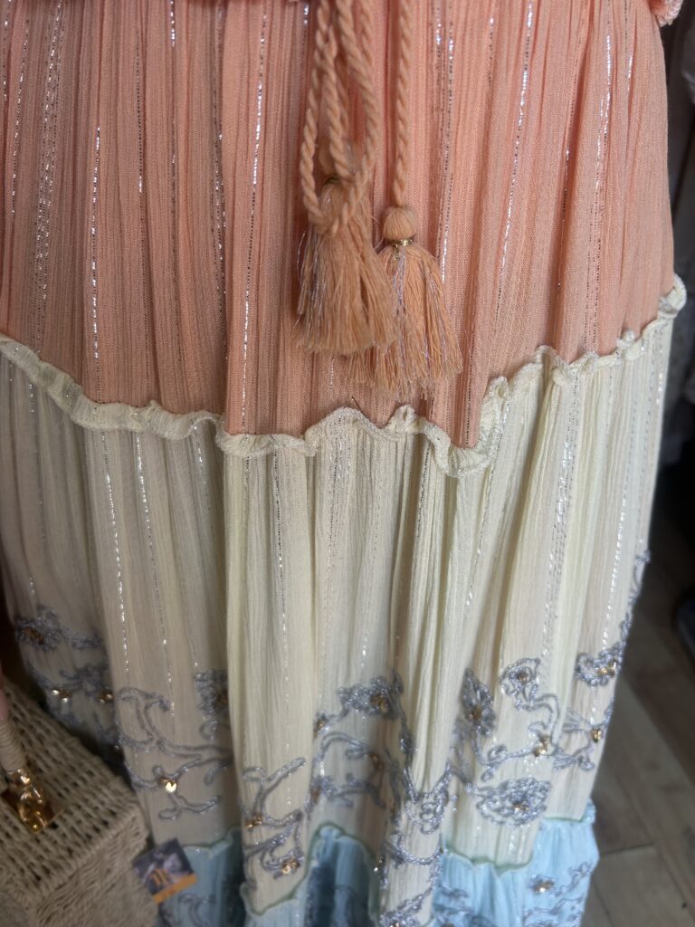 Isabella Tiered dress. Maxi. Silver and bead embroidery. Tangerine