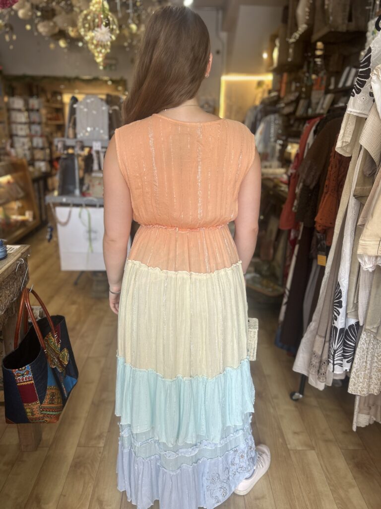 Isabella Tiered dress. Maxi. Silver and bead embroidery. Tangerine
