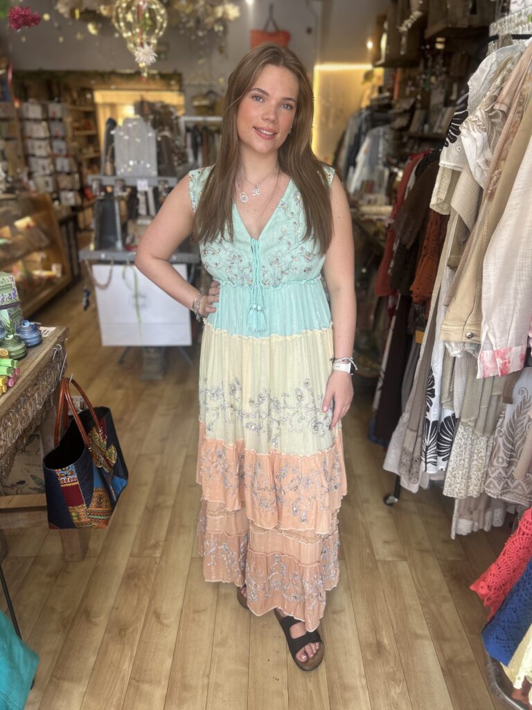 Isabella Tiered dress. Maxi. Silver and bead embroidery. Aqua