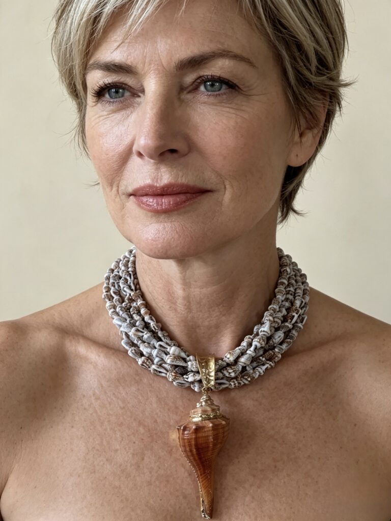 Marisco necklace. Statement big shell and multistrands of tiny shells. Natural