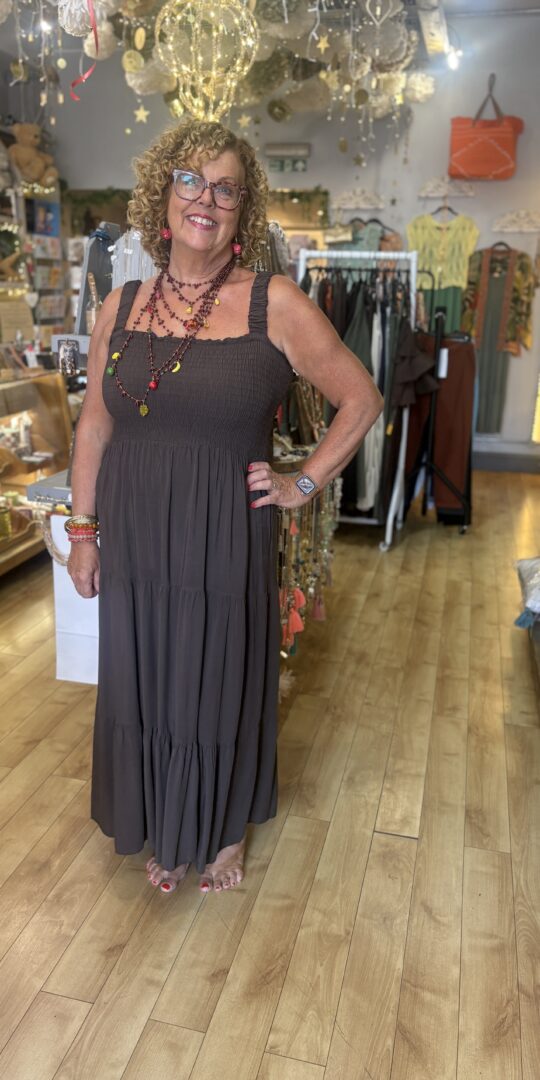 Amber dress. Shirred body. Wide straps. Maxi dress. Chocolate
