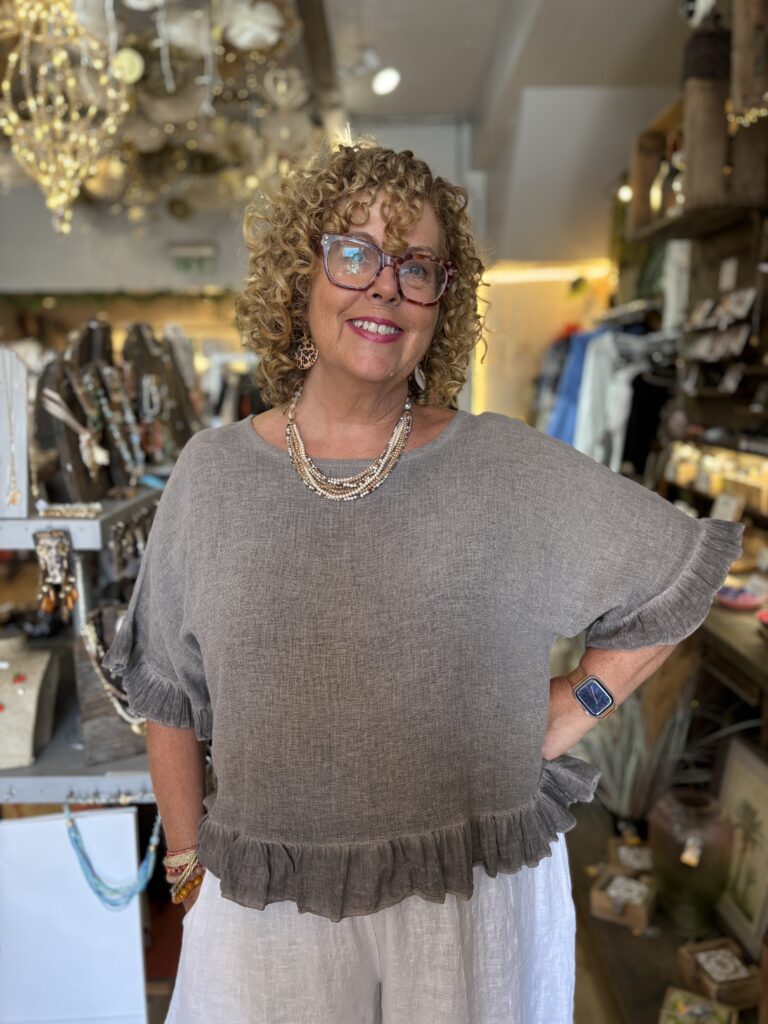Rosa Top. Frill on hem and sleeves edges. Taupe.