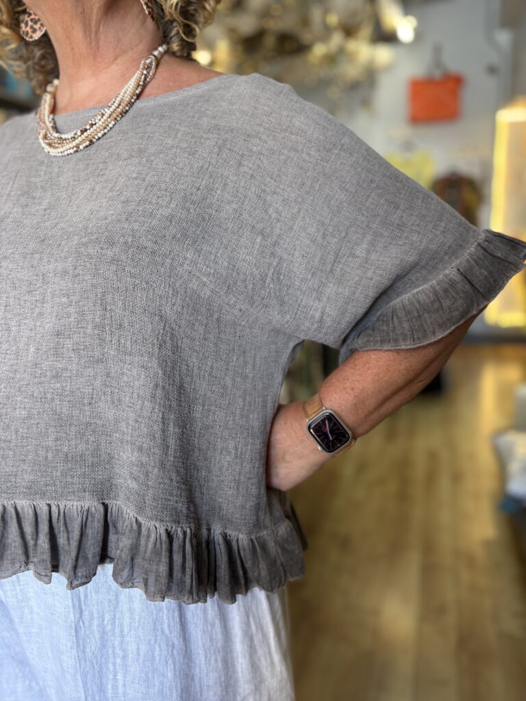 Rosa Top. Frill on hem and sleeves edges. Taupe.
