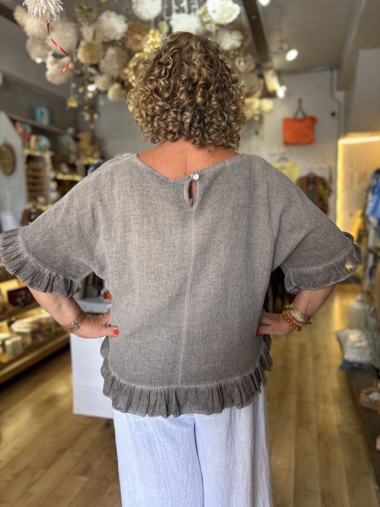 Rosa Top. Frill on hem and sleeves edges. Taupe.