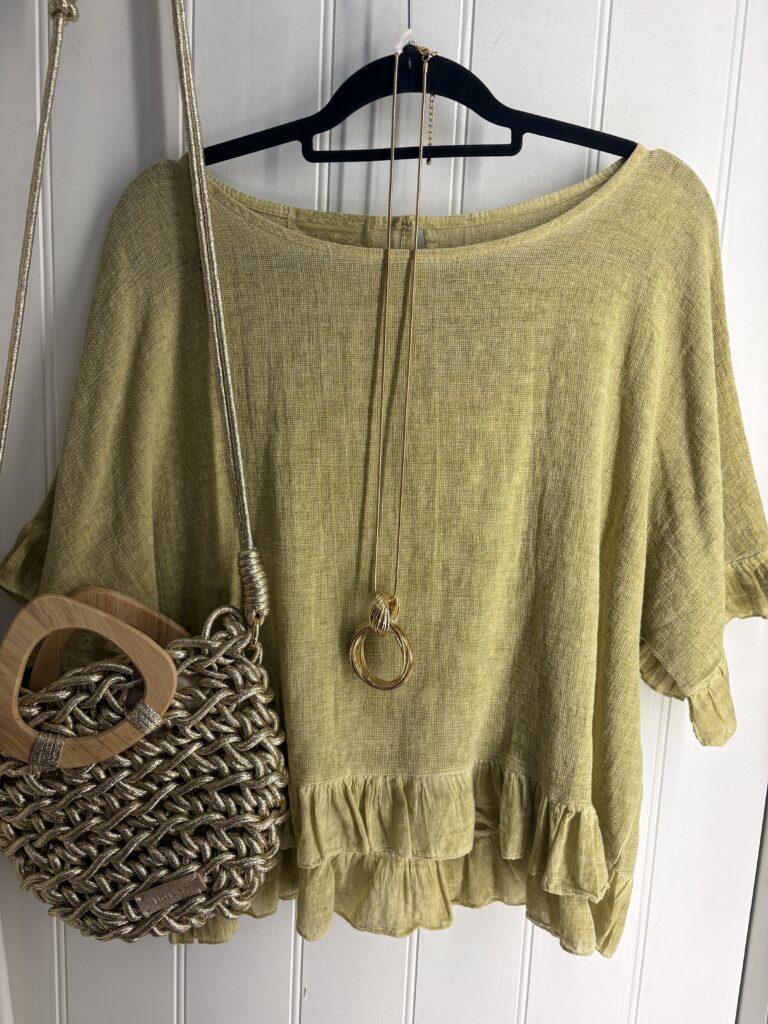 Rosa Top. Frill on hem and sleeves edges. Avocado