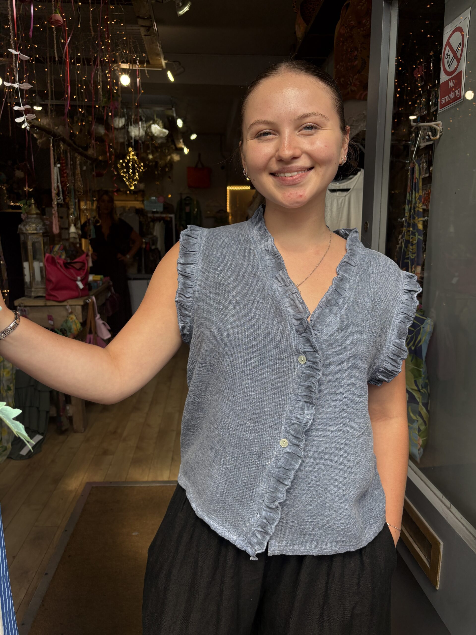 Roma cotton linen mix top in denim