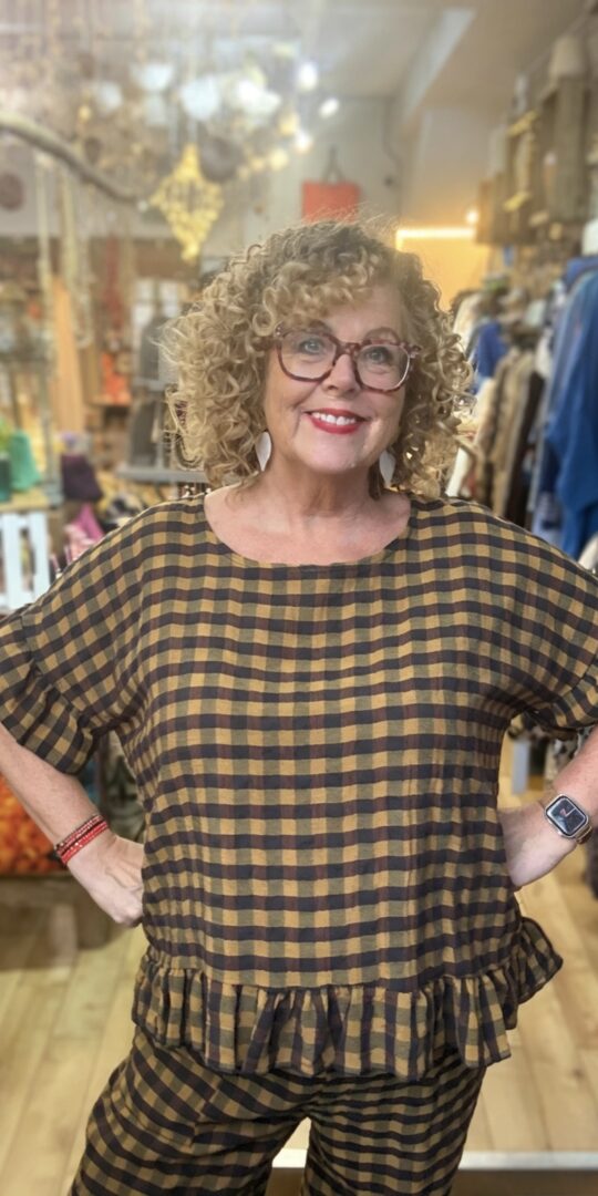 Lois check top Mustard and trousers