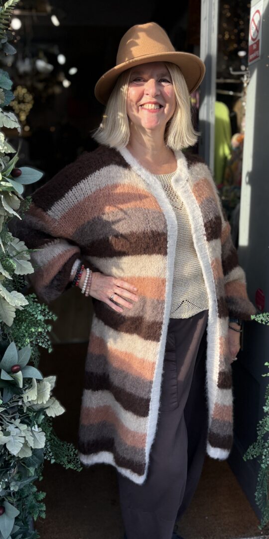 Romeo Stripe cardigan. Long length. Wide stripes.