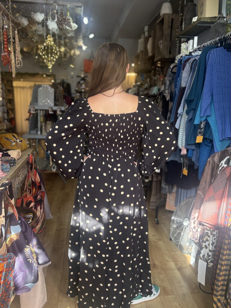 Zena polka dot dress. Maxi. Shirred body. Long sleeve.