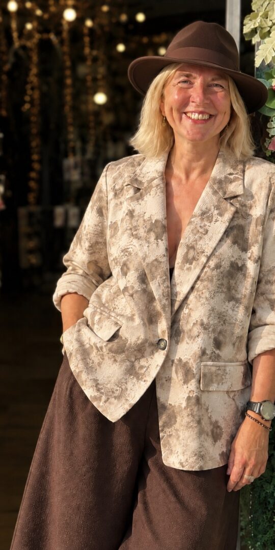 Clark Blazer. Suedette fabric. Abstract design. Cream