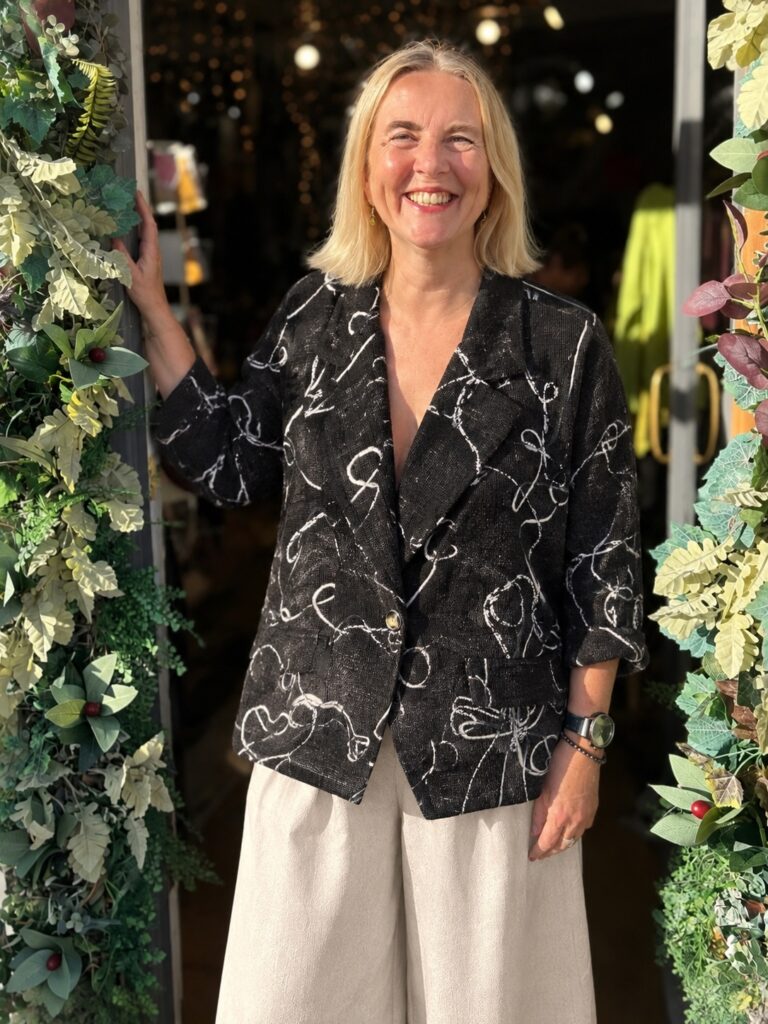 Tatum Cord Blazer. Free hand squiggly embroidery. Chocolate