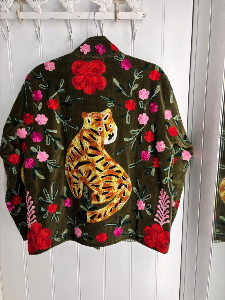 Boho Jungle Jacket. Large tiger and floral embroidery. Khaki