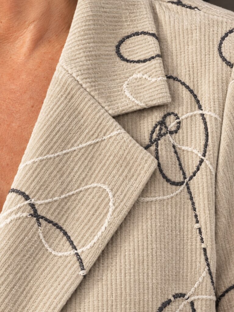Tatum Cord Blazer. Free hand squiggly embroidery. Cream