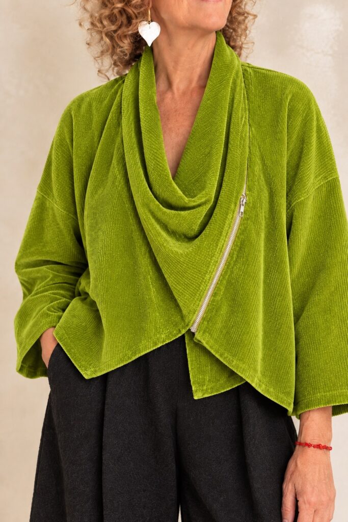 Trina Cord jacket. Side zip. Cowl style neckline. Lime