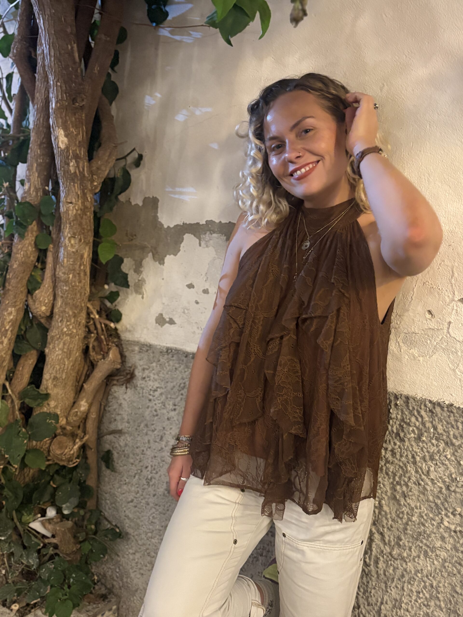Jesse frill top. Halter neck. Layers of lace.