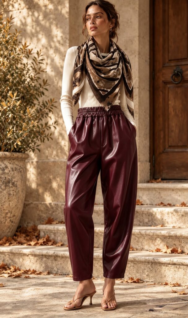 Sandy trousers. Faux leather. Wine